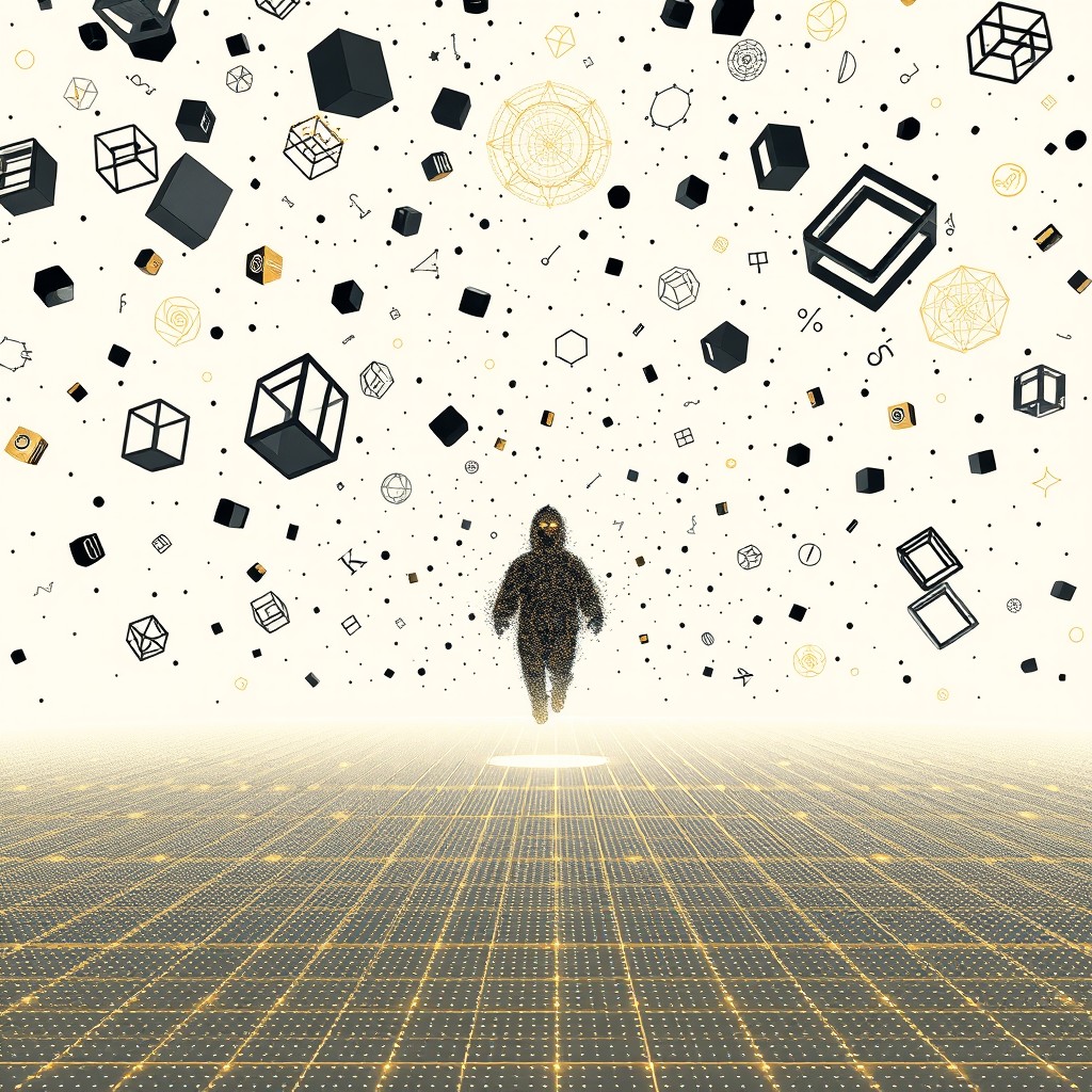 A vast white void resembling a blank canvas, populated with black and gold geometric forms floating ethereally in the air, including cubes, spirals, tesseracts, and Möbius strips