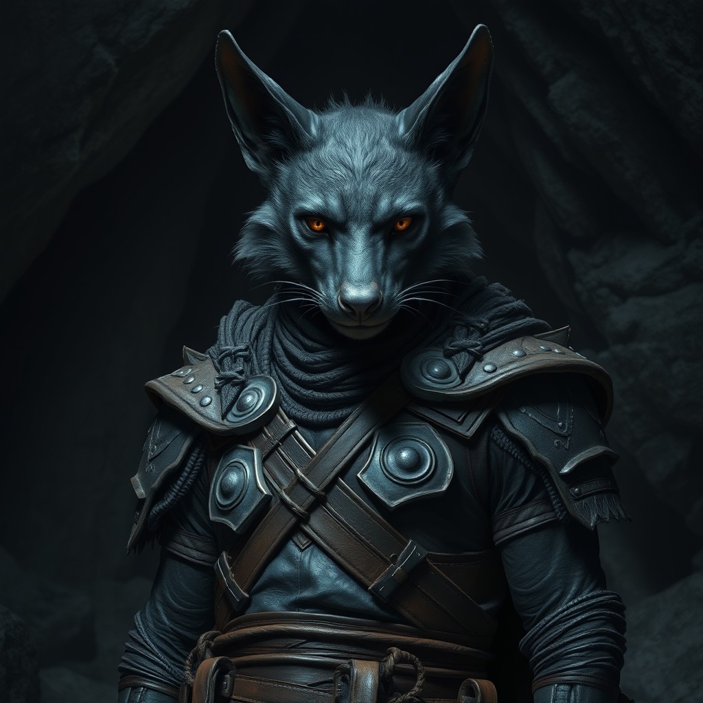 A tabaxi warrior with sleek black fur, donned in leather armor, stands confidently in front of a dark cave background