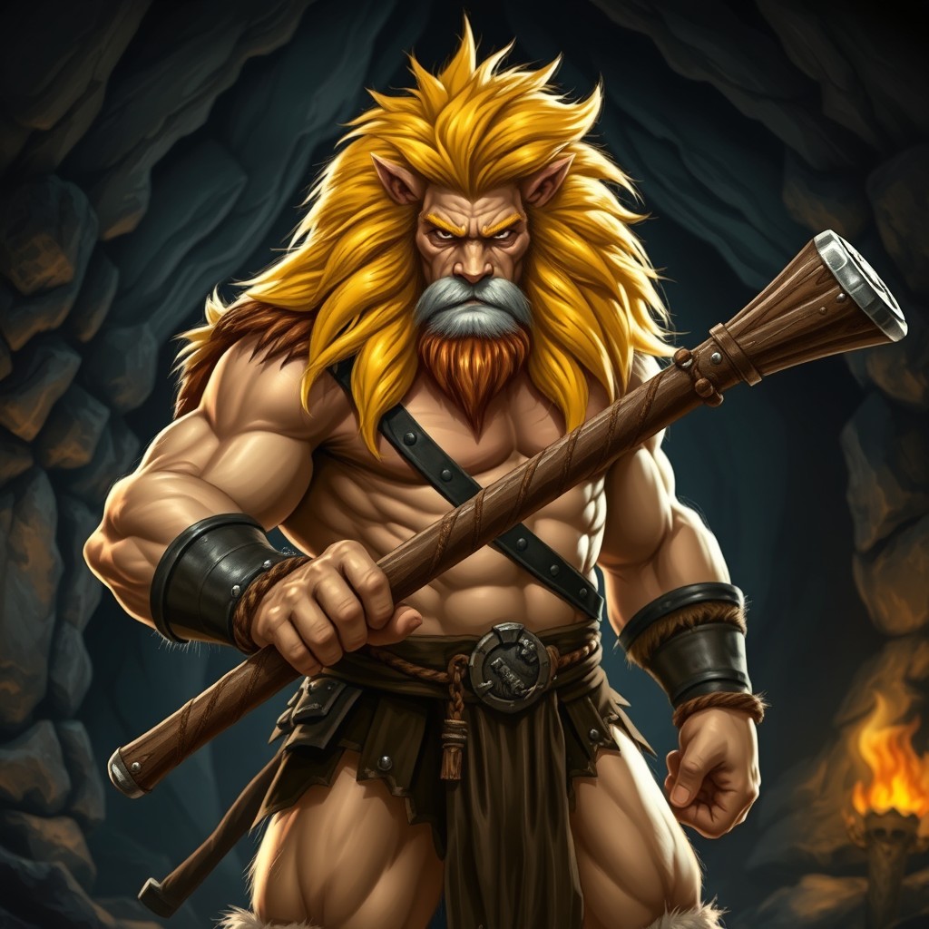 A leonine barbarian with a striking yellow, lush mane, showcasing an impressive muscular build, stands powerfully in front of a dark cave backdrop