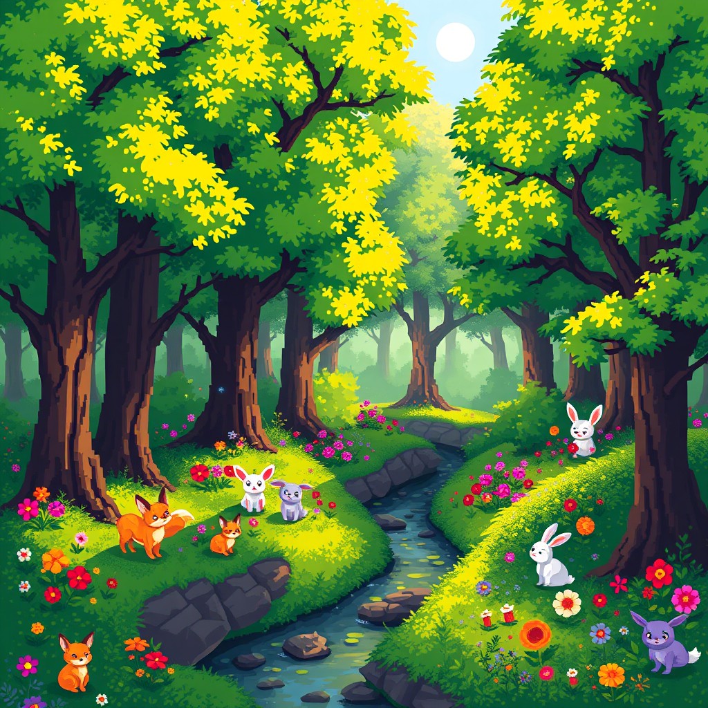 A vibrant and enchanting pixel art forest filled with lush green trees, colorful flowers, and whimsical creatures like pixelated foxes and rabbits
