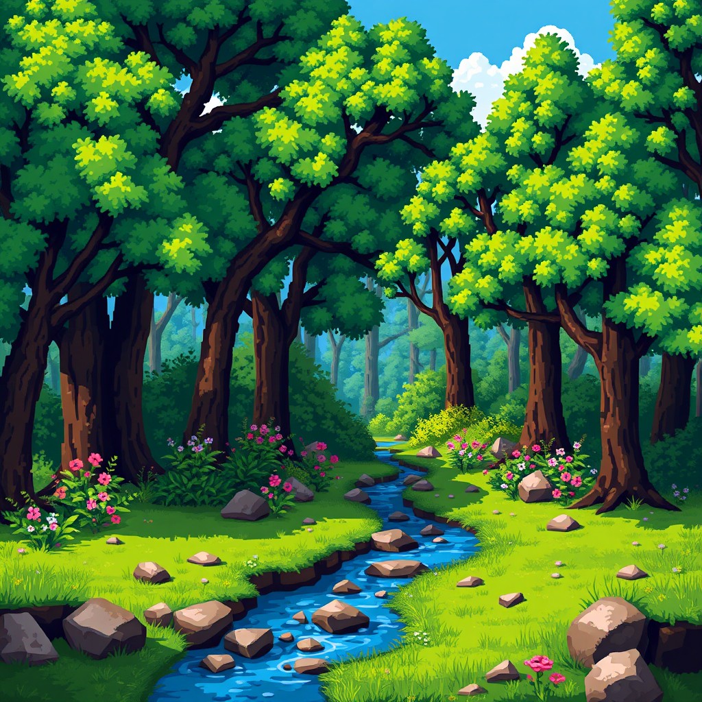 A beautifully crafted pixel art background depicting a forest designed for a game, showcasing a dense arrangement of pixelated trees with varying shades of green