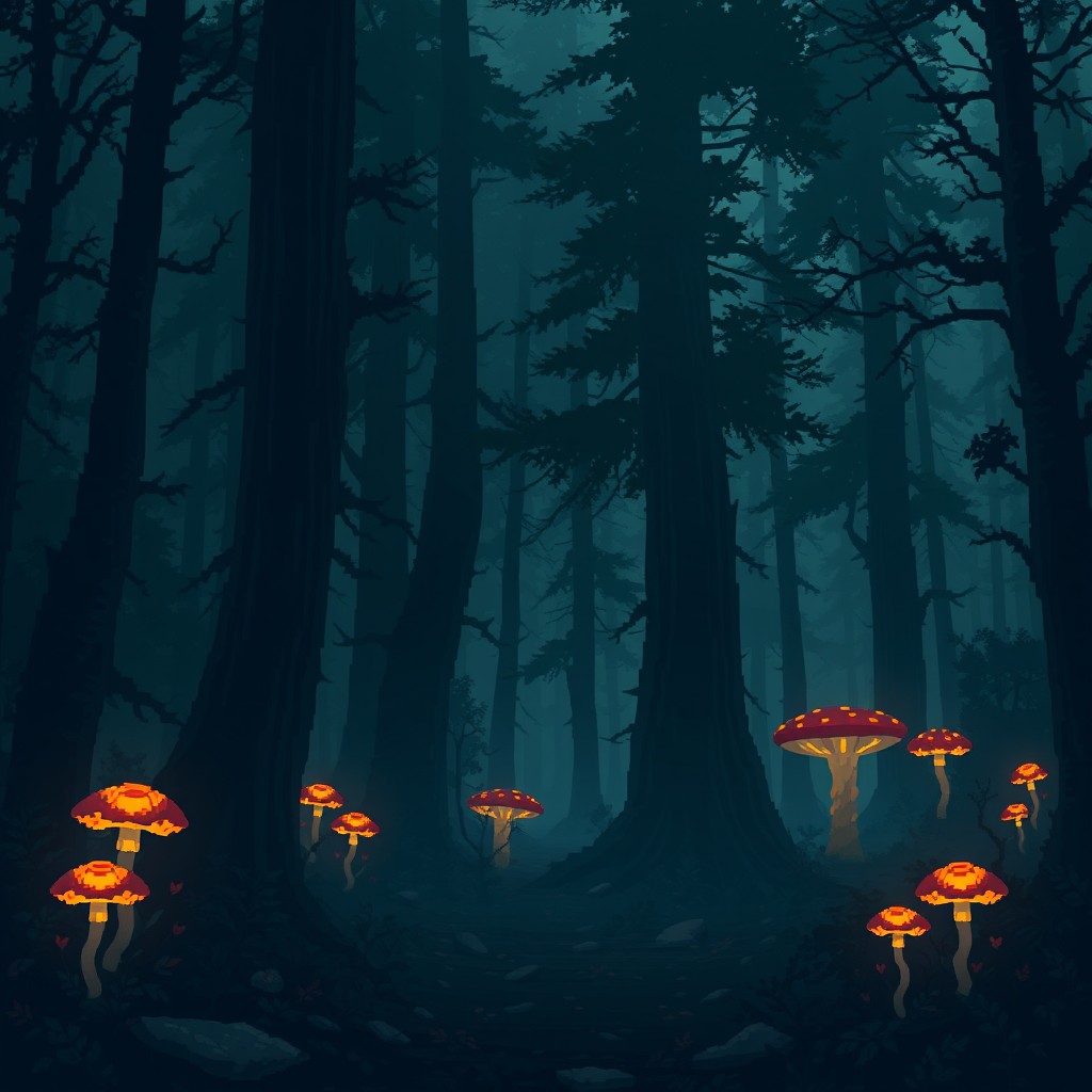 A dramatic pixel art background depicting a dark atmospheric forest designed for an RPG game, sized 1920x1080