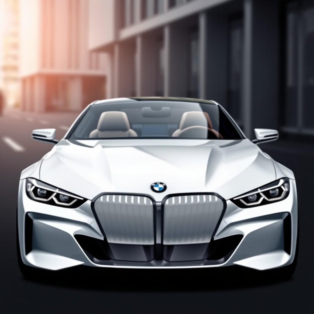 A sleek, modern car design featuring a BMW-inspired front grille with two distinctive horizontal slats and headlights that resemble the latest BMW models