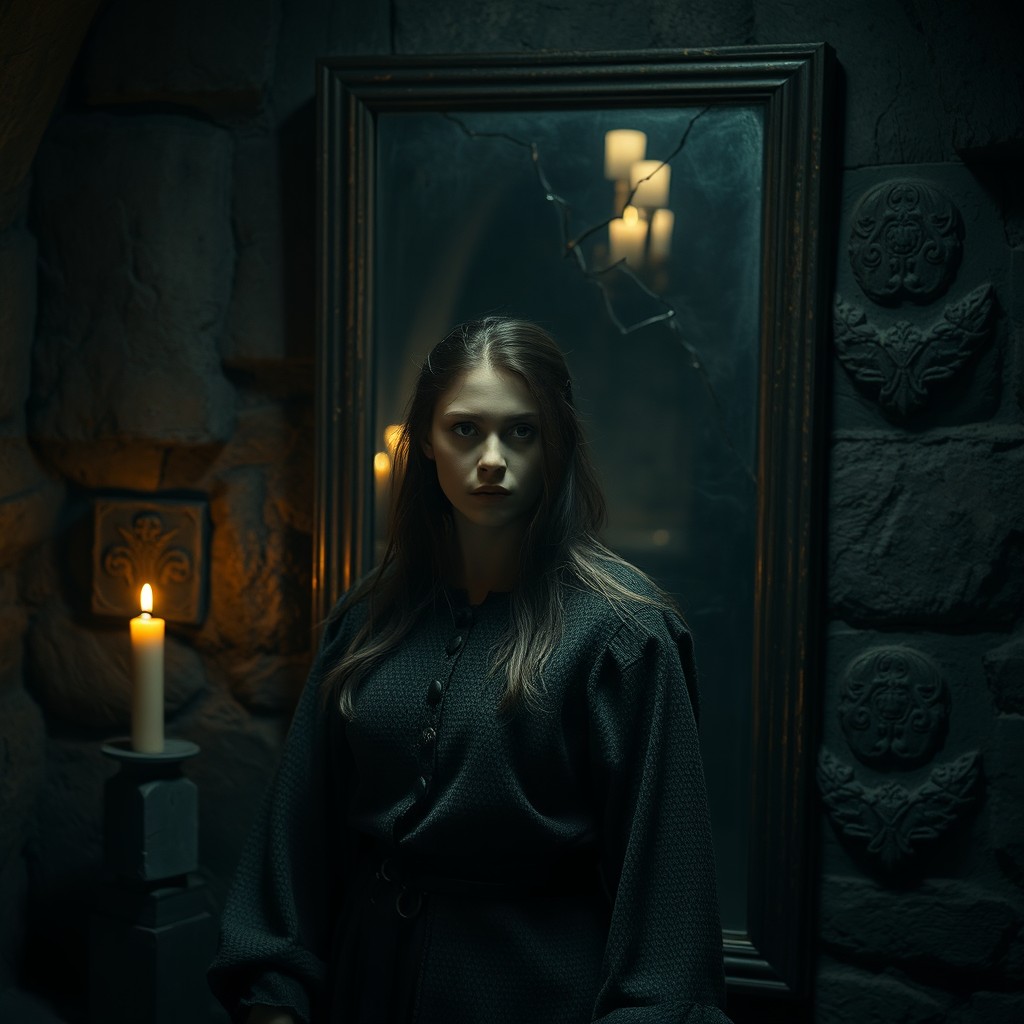 A medieval woman standing in front of a cracked tarnished mirror in a candlelit stone room