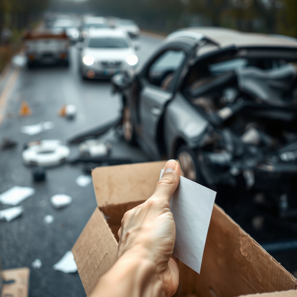 A blurred scene depicting a car accident with fragmented vehicles and debris scattered, suggesting chaos