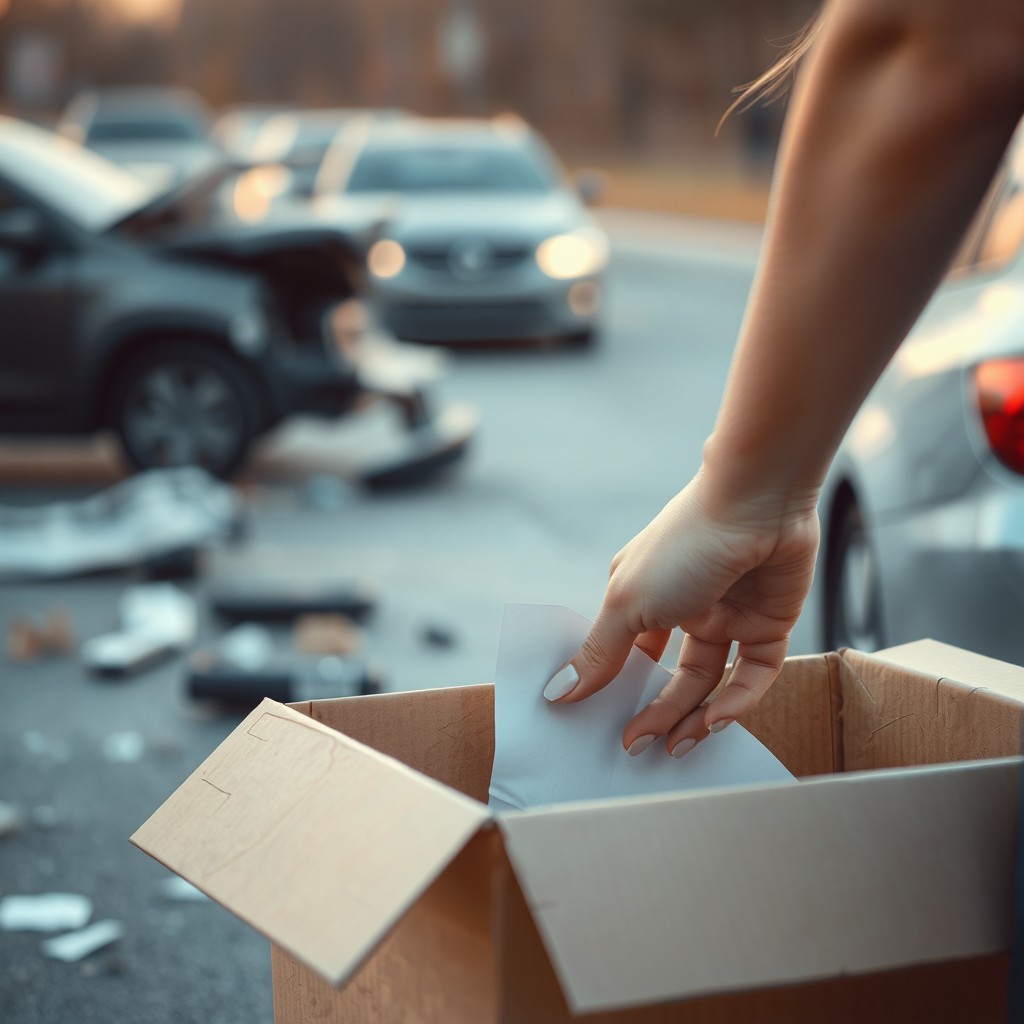 A softly blurred scene depicting a car accident with fragmented vehicles and scattered debris, bathed in lighter colors to create a more serene atmosphere