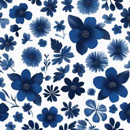 A cloth design with a pattern of numerous dark blue flowers against a pure white background.