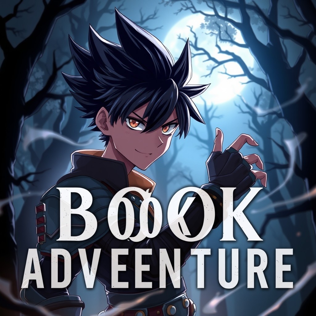 A captivating book cover for 'Book Adventure', featuring a striking young male anime character in a dynamic pose