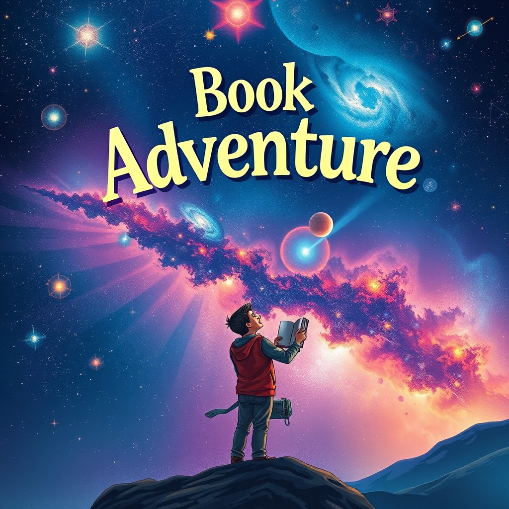 A book cover titled 'Book Adventure', featuring an illustration of a man standing in deep outer space, holding a book
