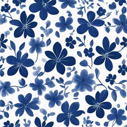 A cloth design with a pattern of numerous dark blue flowers against a pure white background.