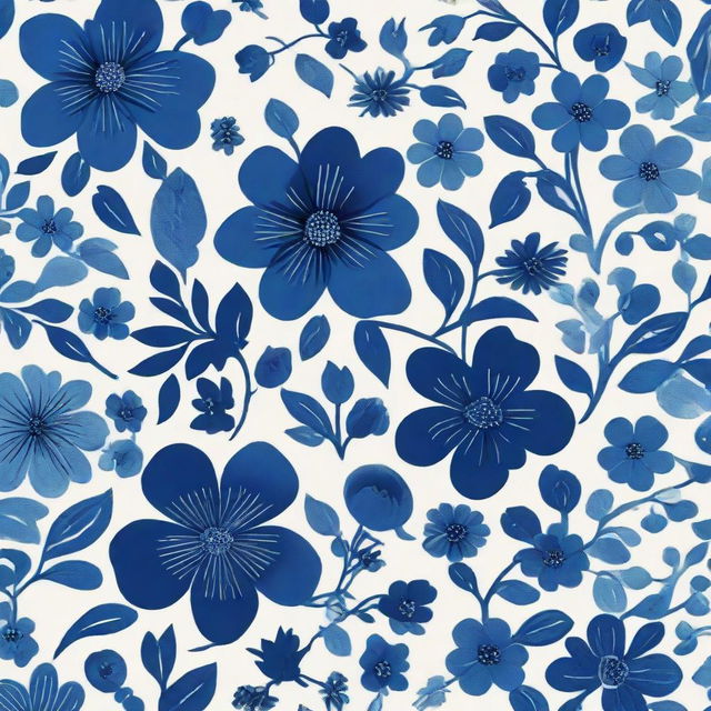 A cloth design with a pattern of numerous dark blue flowers against a pure white background.