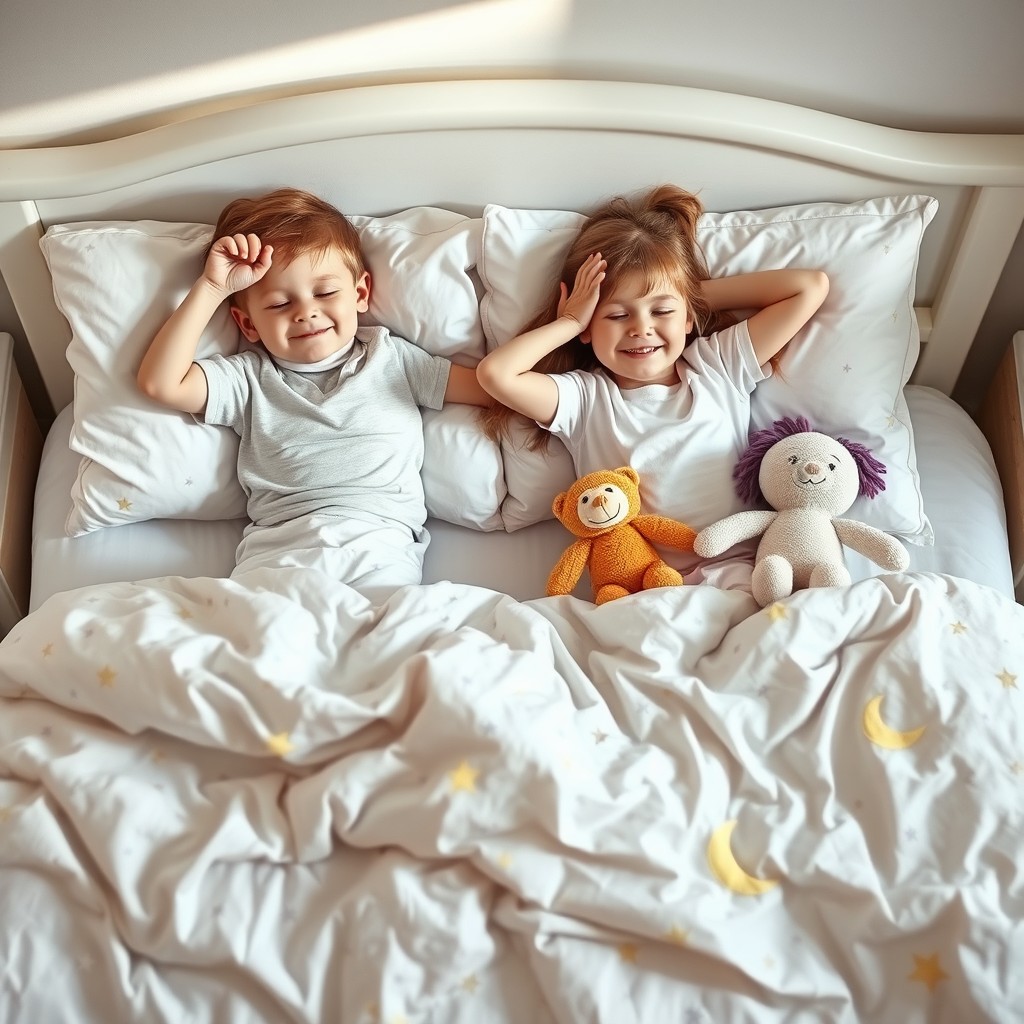 A charming scene of a little boy and girl waking up together in a cozy bedroom