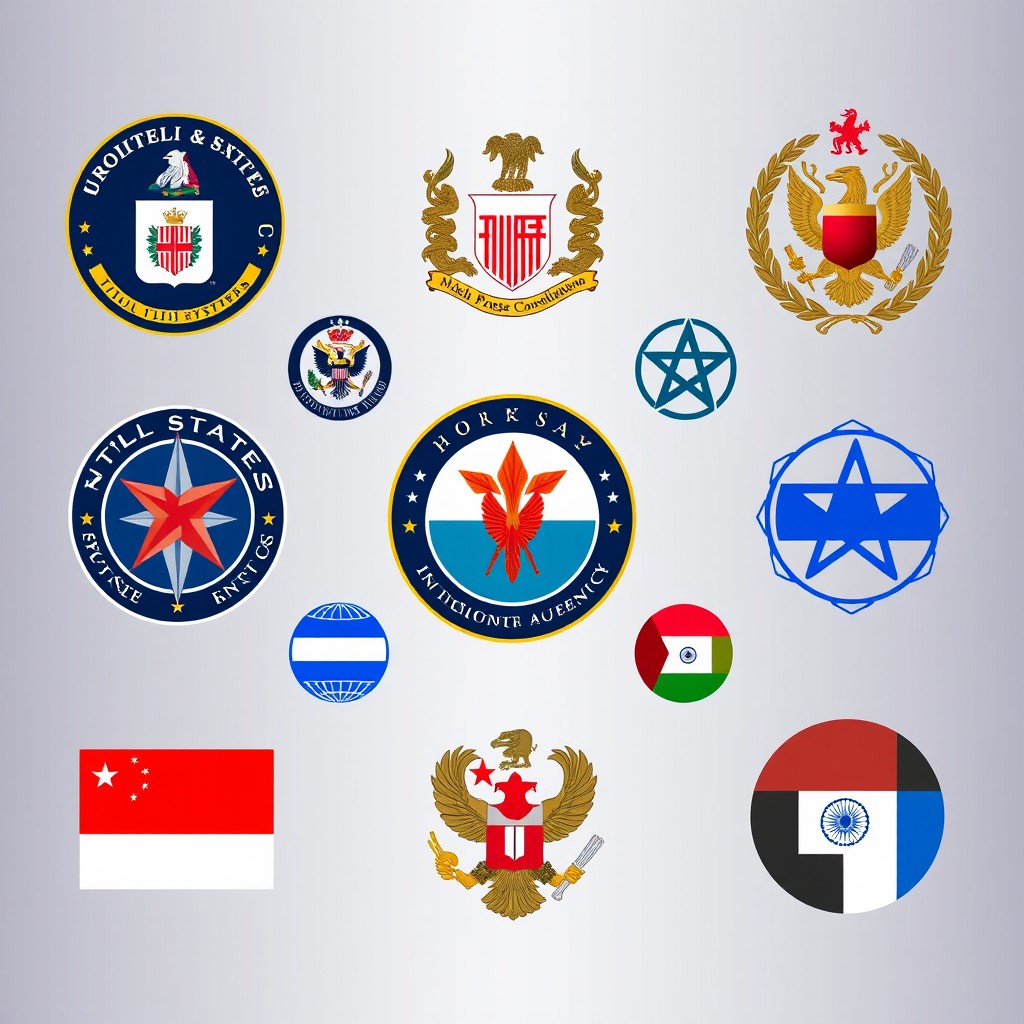 An artistic compilation of the legitimate emblems or logos of various intelligence agencies from around the world