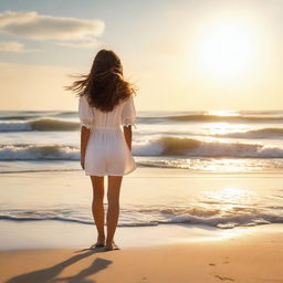 A picturesque scene of a girl wandering along a serene beach, with soft waves lapping at the shore and the warm sun casting cheerful light.