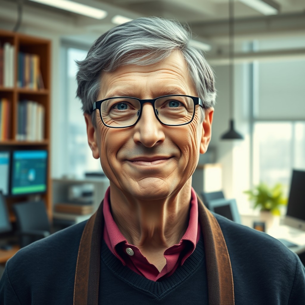 A highly detailed portrait of Bill Gates, depicted as an older man with glasses, wearing a smart casual outfit, against a backdrop of a modern office filled with technology and books