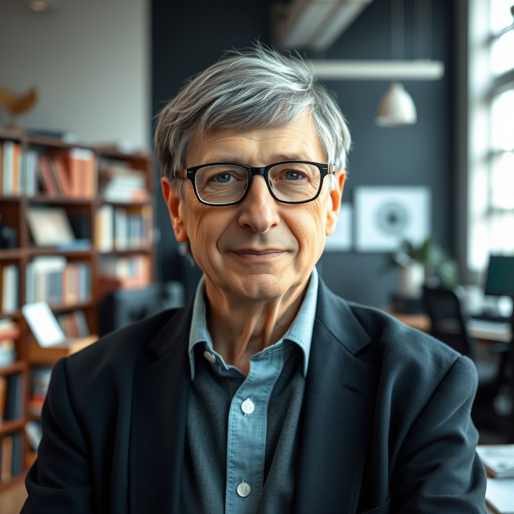A highly detailed portrait of Bill Gates, showing him as an older, distinguished man with glasses and a thoughtful expression