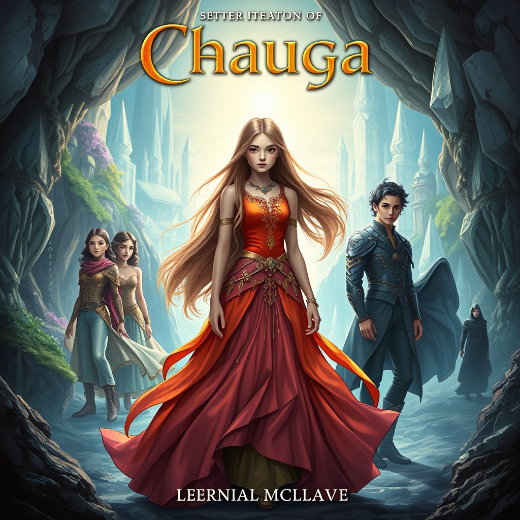 A captivating fantasy book cover illustrating a young girl (18 years old) standing confidently at the center, representing the heir to the throne of her planet, Chauga