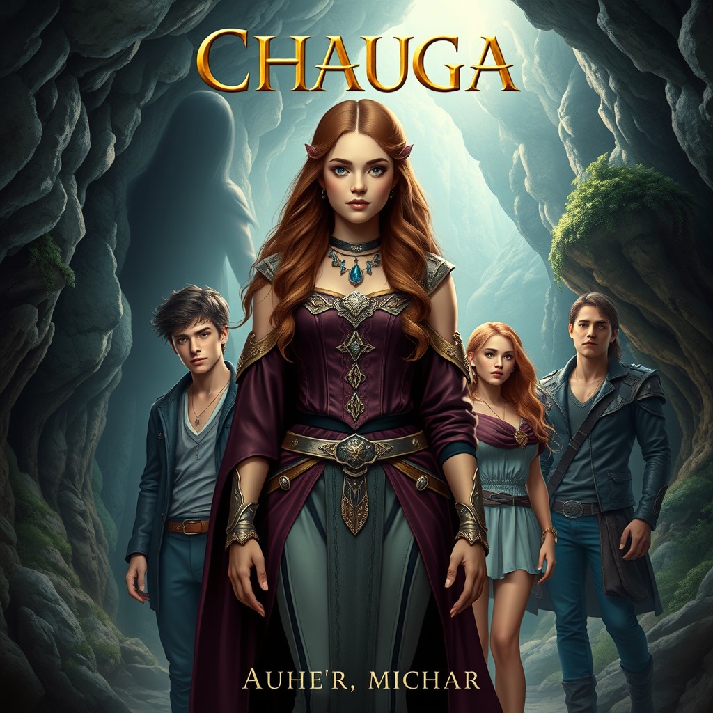 A captivating fantasy book cover featuring a realistic portrayal of an 18-year-old girl standing confidently at the center