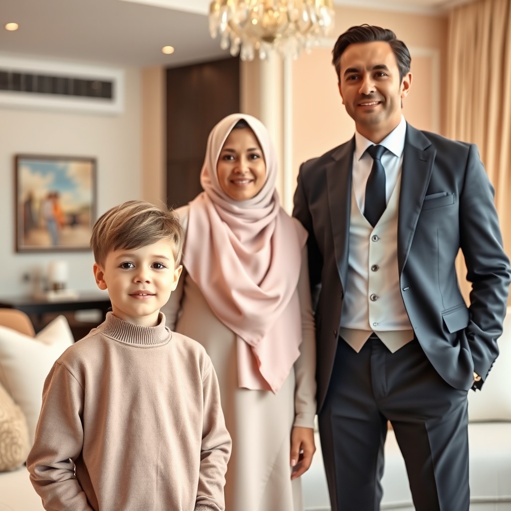 A modern, clean interior scene featuring a peaceful young boy around 5 years old with a calm expression, a woman in a modern pastel-colored hijab (voal style), and an adult man in a tailored suit, exuding CEO vibes