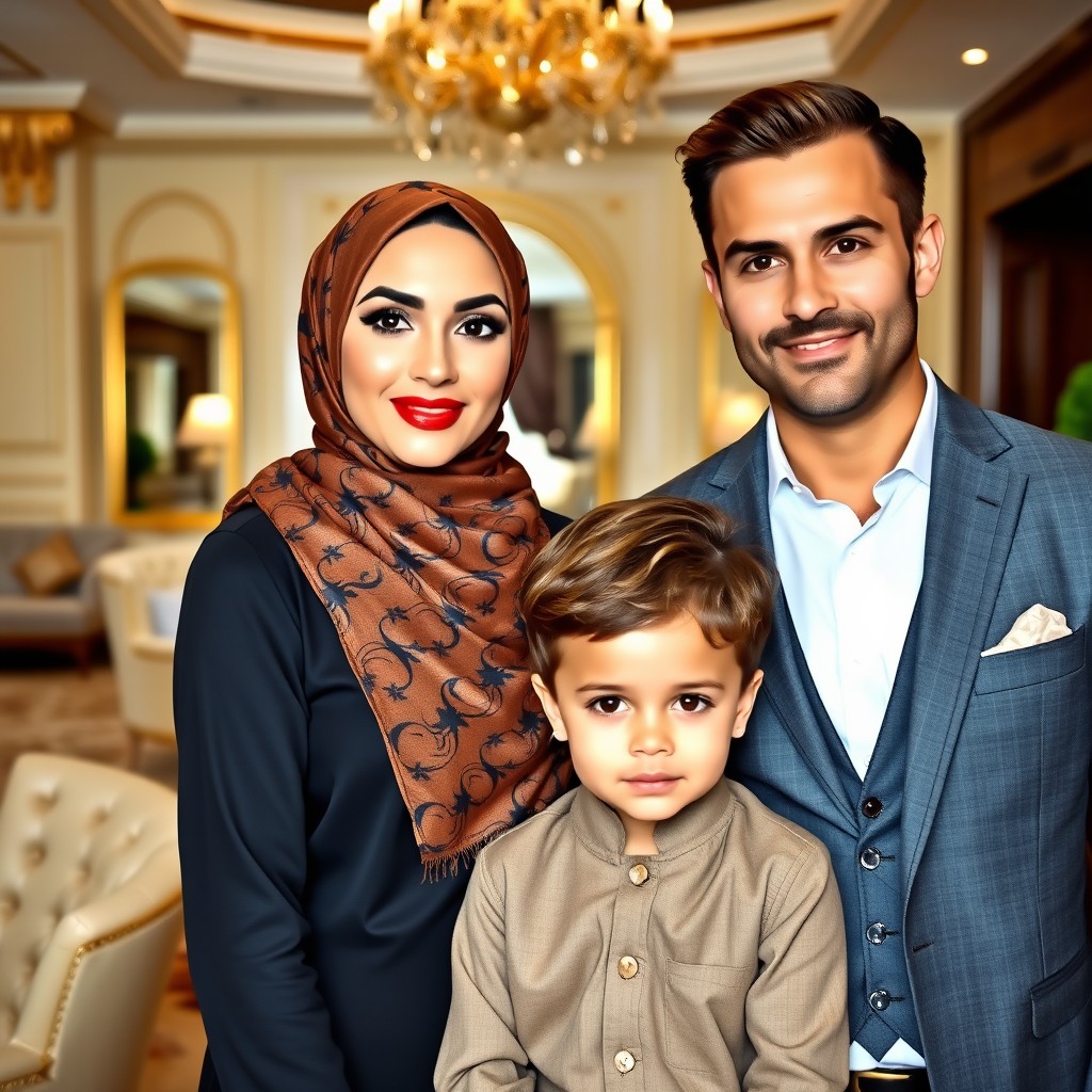 A beautiful 27-year-old woman wearing a stylish hijab, a calm 5-year-old boy, and a dapper 30-year-old man in a suit, all set against the backdrop of a luxurious home