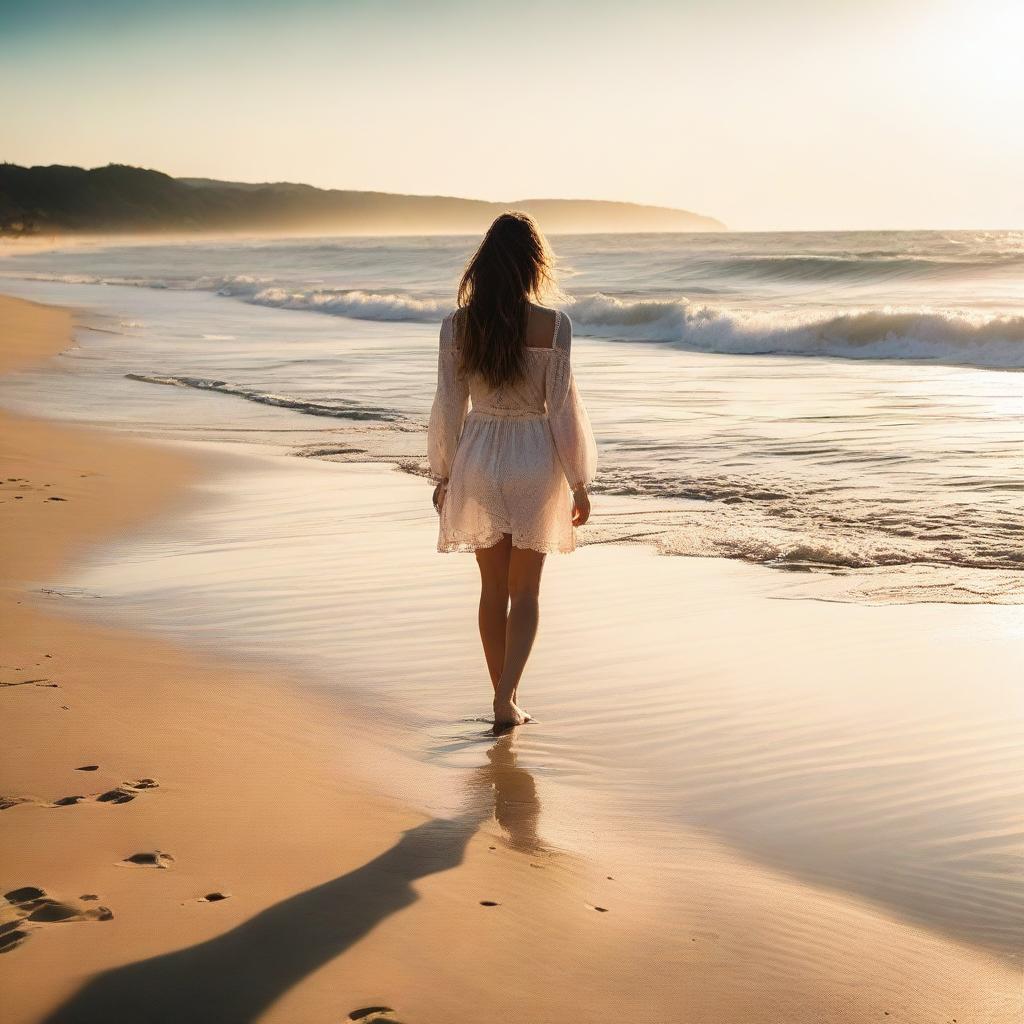 A picturesque scene of a girl wandering along a serene beach, with soft waves lapping at the shore and the warm sun casting cheerful light.