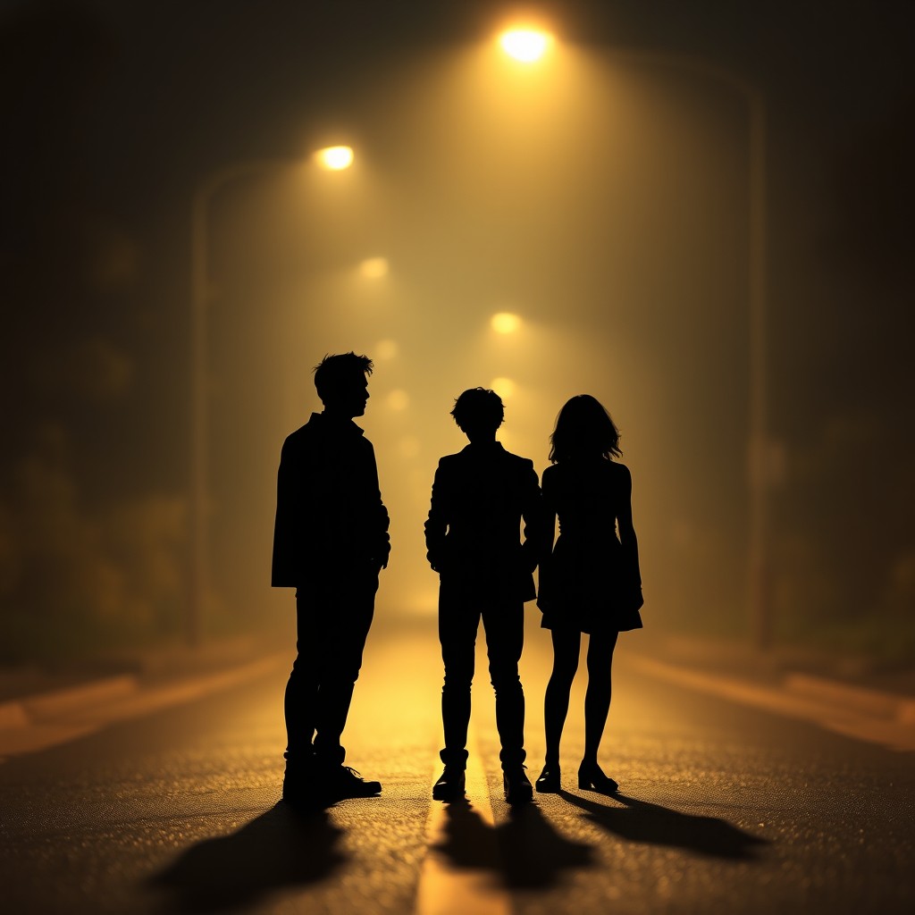Silhouettes of three characters standing at a crossroads, each road leading in a different direction