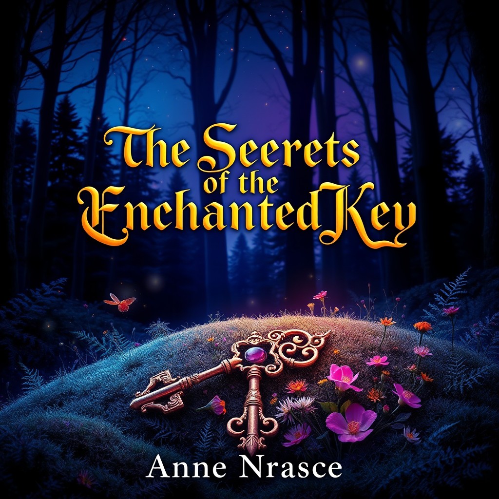 A captivating book cover design that features a mysterious forest landscape at twilight, with deep blue and purple hues blending into a starry sky