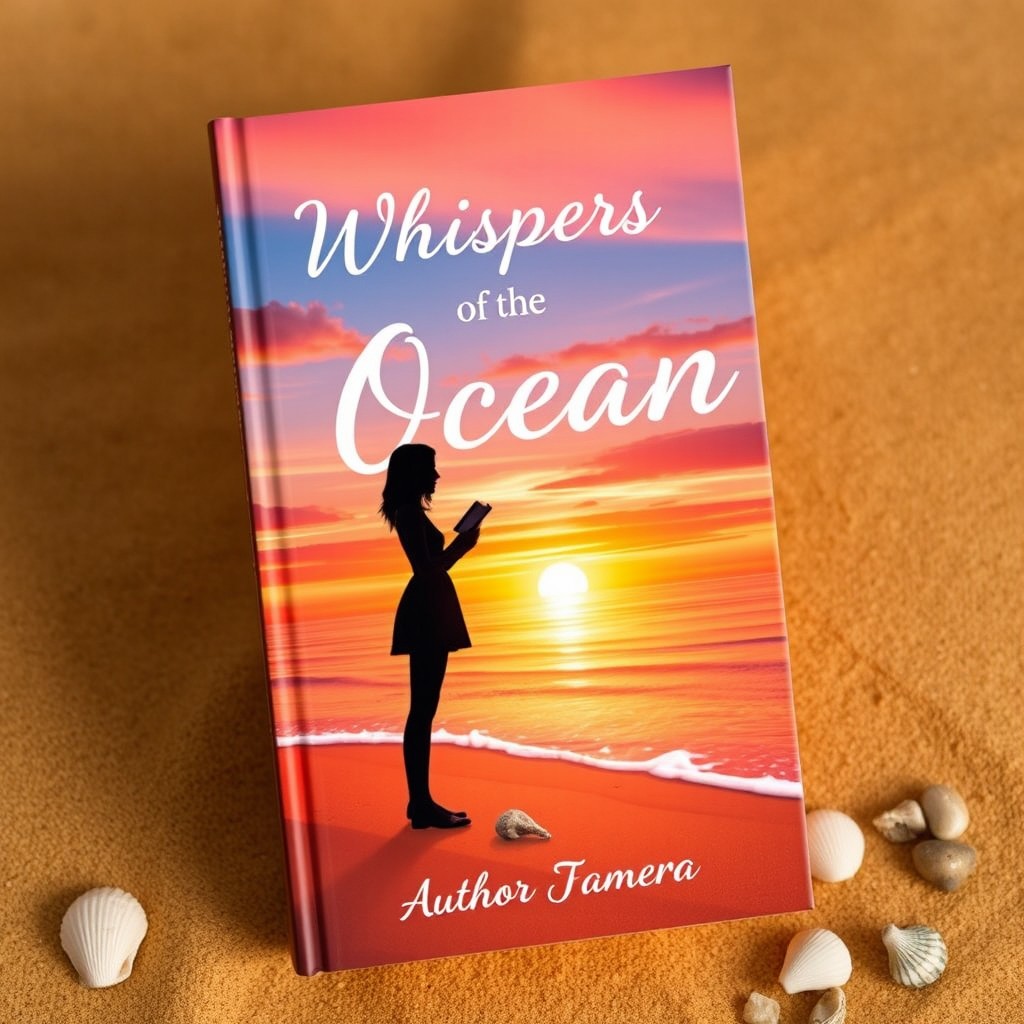 An imaginative book cover design that illustrates a serene beach setting at sunset, with golden sand and gentle waves lapping at the shore