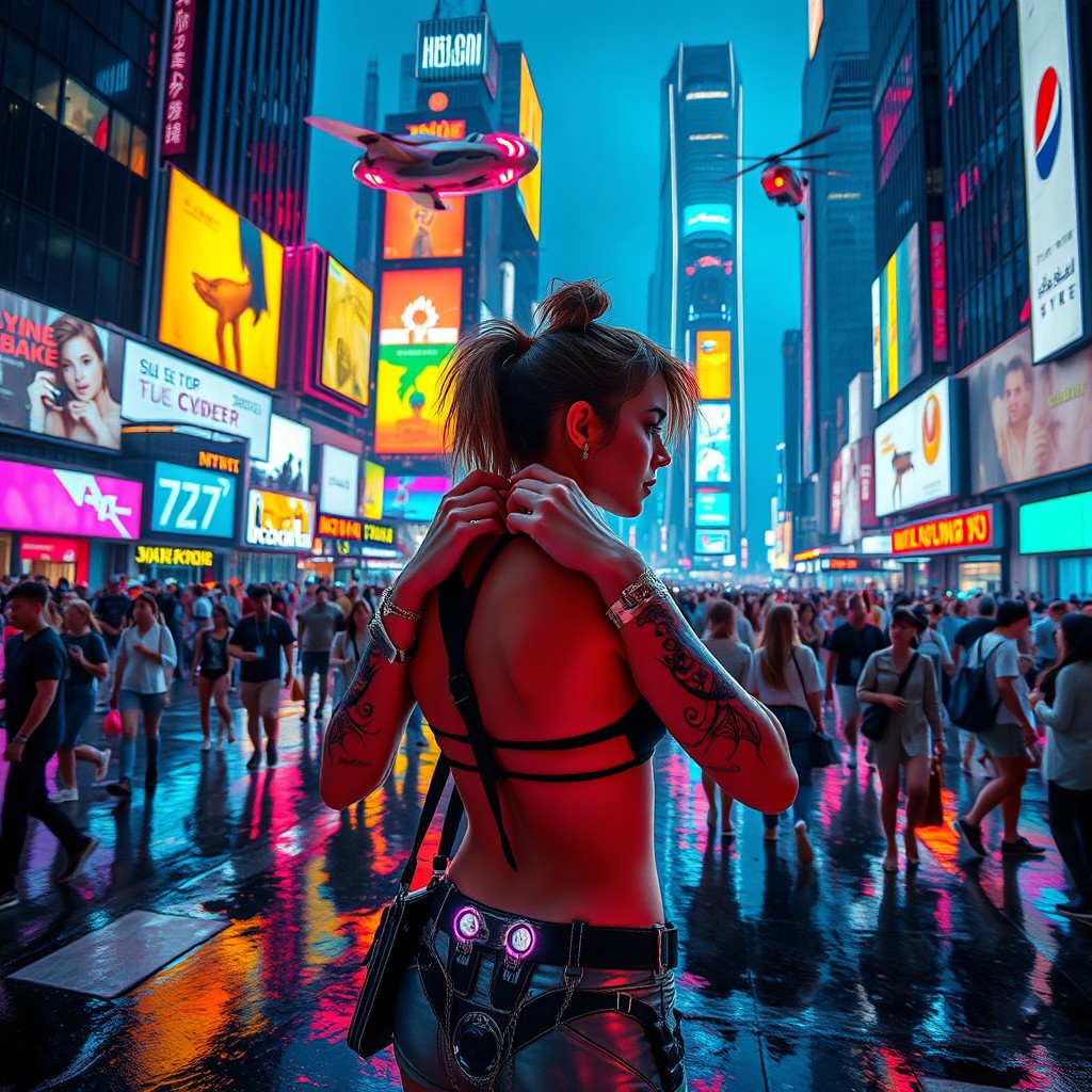 A futuristic cyberpunk cityscape at night, filled with vibrant neon lights and towering skyscrapers