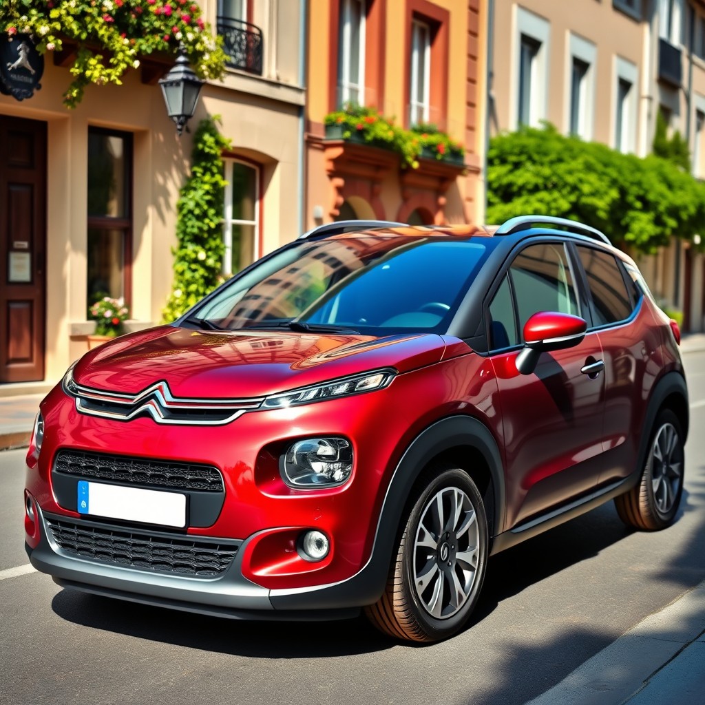 A detailed exterior shot of a 2015 Citroën C3 parked on a charming European street
