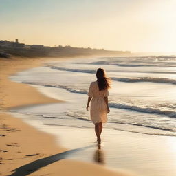 A picturesque scene of a girl wandering along a serene beach, with soft waves lapping at the shore and the warm sun casting cheerful light.