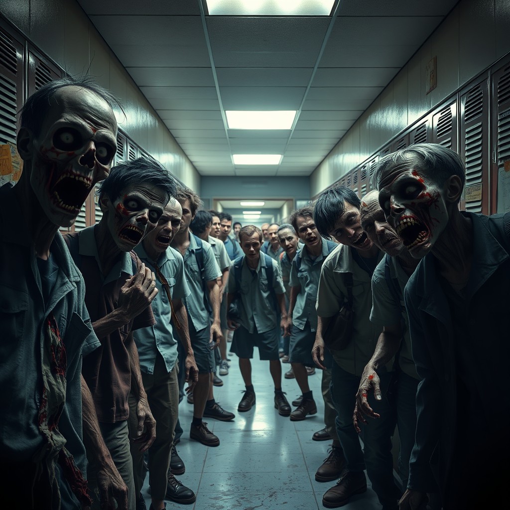 A surreal school hallway filled with a diverse group of zombies in various states of decay