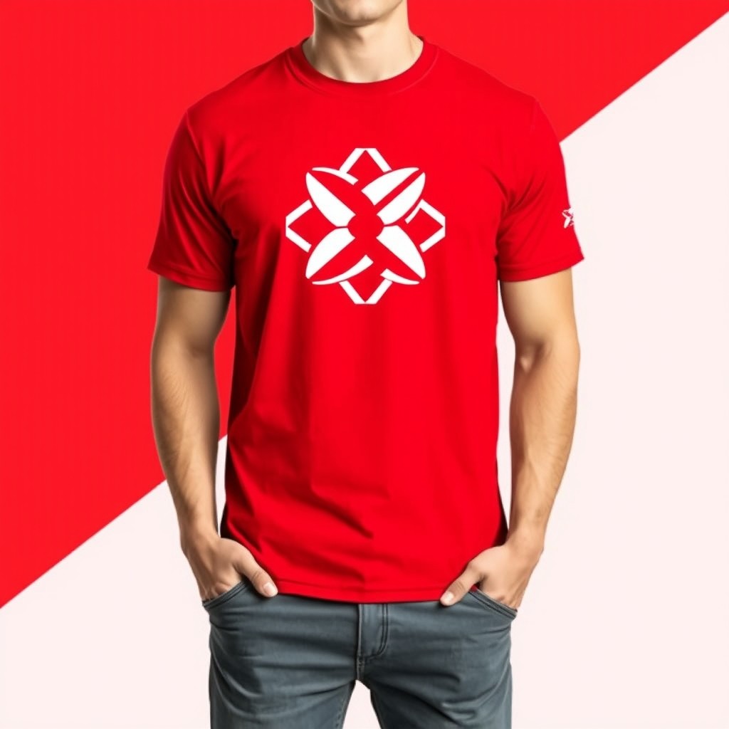 A branded red t-shirt design featuring a bold, modern logo in the center that contrasts well with the red background