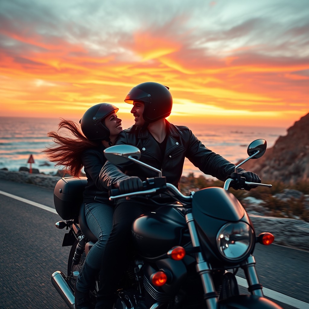 A dynamic scene of a couple on a motorcycle, riding along a scenic coastal road during sunset