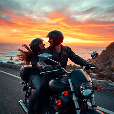 A dynamic scene of a couple on a motorcycle, riding along a scenic coastal road during sunset