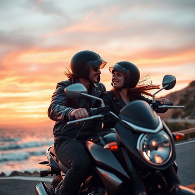 A dynamic scene of a couple on a motorcycle, riding along a scenic coastal road during sunset