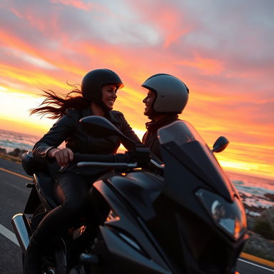 A dynamic scene of a couple on a motorcycle, riding along a scenic coastal road during sunset