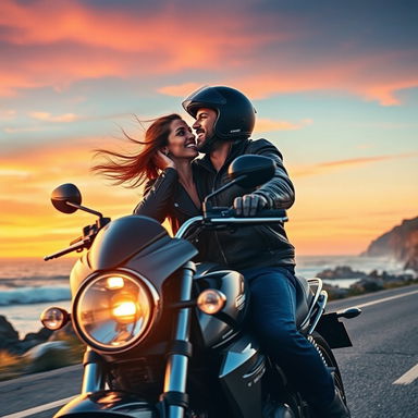 A dynamic scene of a couple on a motorcycle, riding along a scenic coastal road during sunset