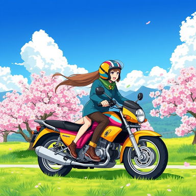 A vibrant anime-style illustration of a couple on a motorcycle, cruising through a picturesque landscape filled with cherry blossoms in full bloom