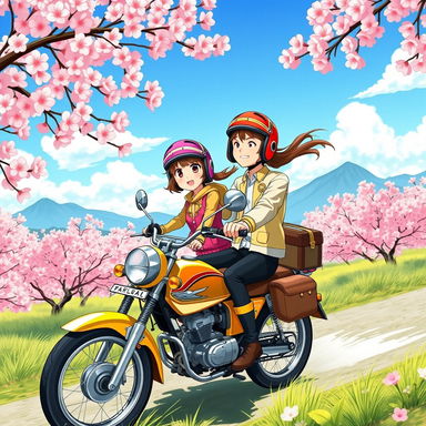 A vibrant anime-style illustration of a couple on a motorcycle, cruising through a picturesque landscape filled with cherry blossoms in full bloom