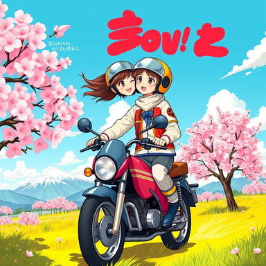 A vibrant anime-style illustration of a couple on a motorcycle, cruising through a picturesque landscape filled with cherry blossoms in full bloom