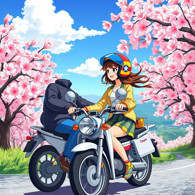 A vibrant anime-style illustration of a couple on a motorcycle, cruising through a picturesque landscape filled with cherry blossoms in full bloom