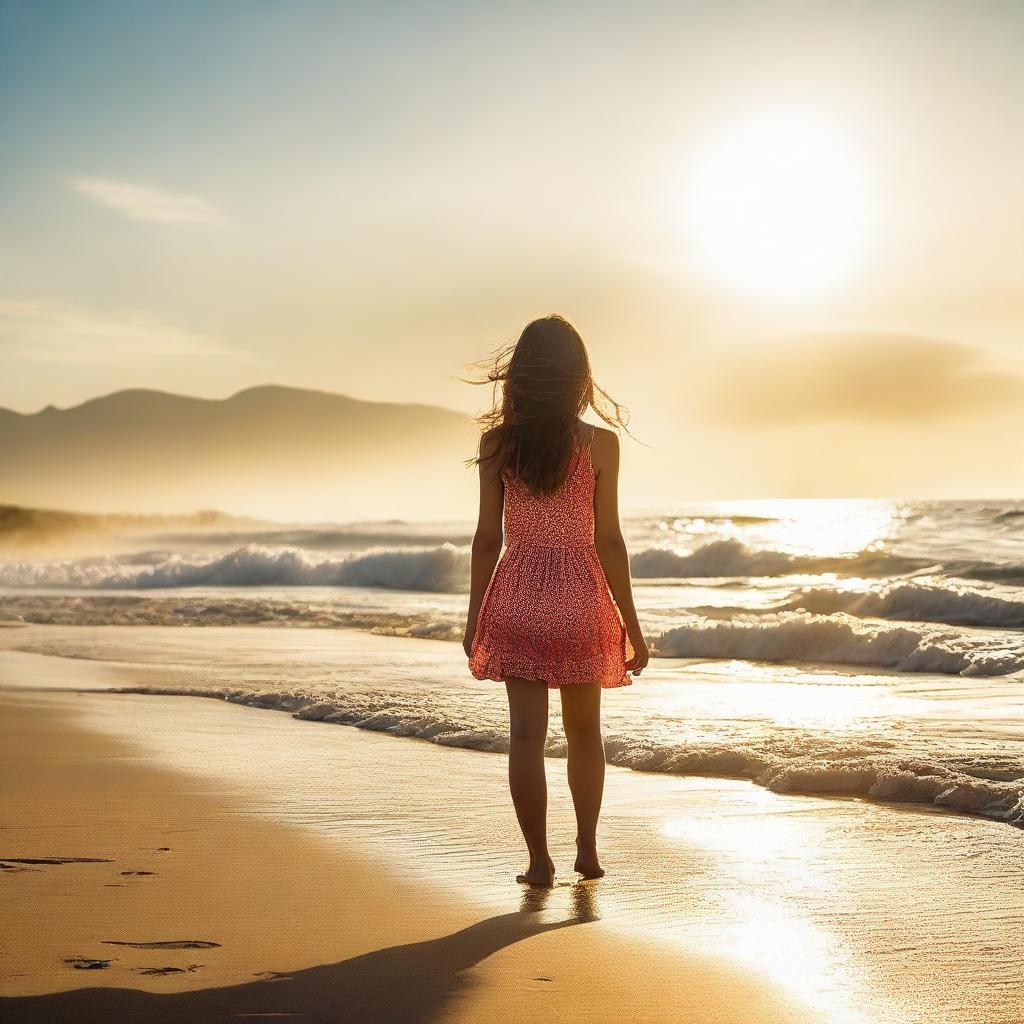 A picturesque scene of a girl wandering along a serene beach, with soft waves lapping at the shore and the warm sun casting cheerful light.