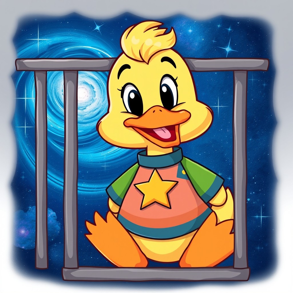 A cute, cartoon-style duck wearing a colorful shirt with a star emblem on it, sitting in a small jail cell