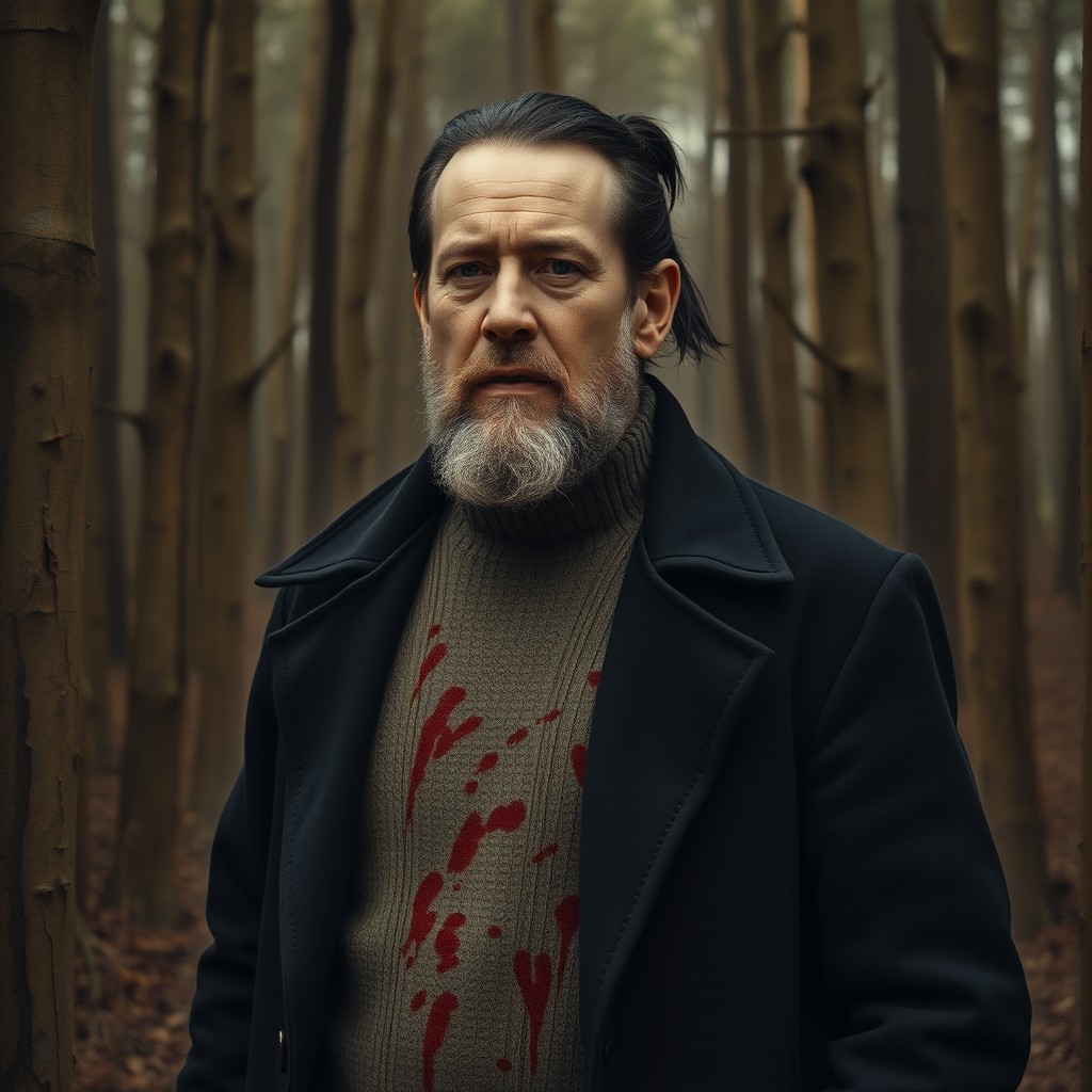 A middle-aged man around 50 years old with a light beard, standing in the middle of a forest