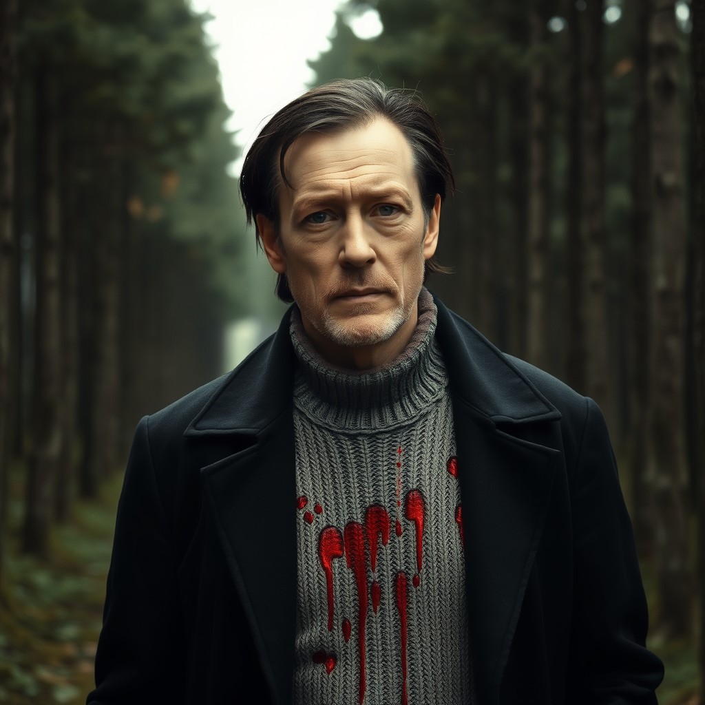 An approximately 50-year-old man with light stubble, depicted in the middle of a dense forest