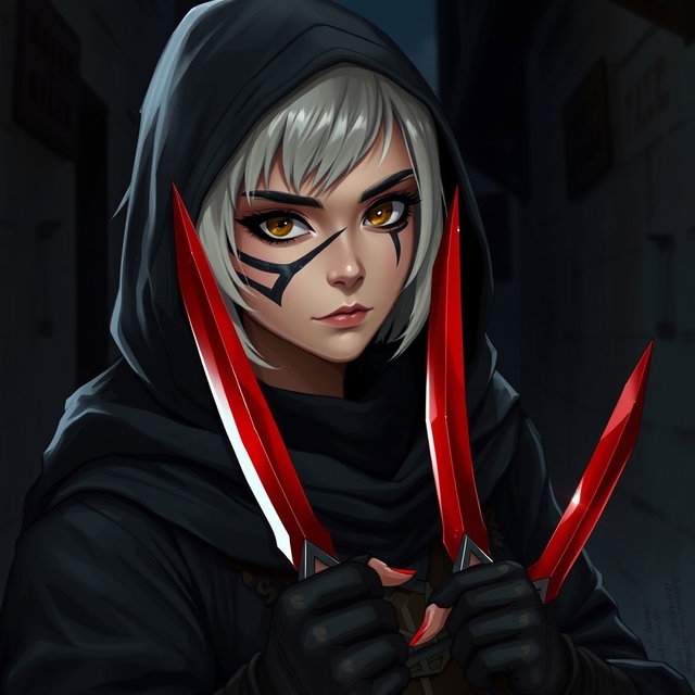 A medium-sized female rogue with short white hair just above her shoulders, dressed in dark clothing