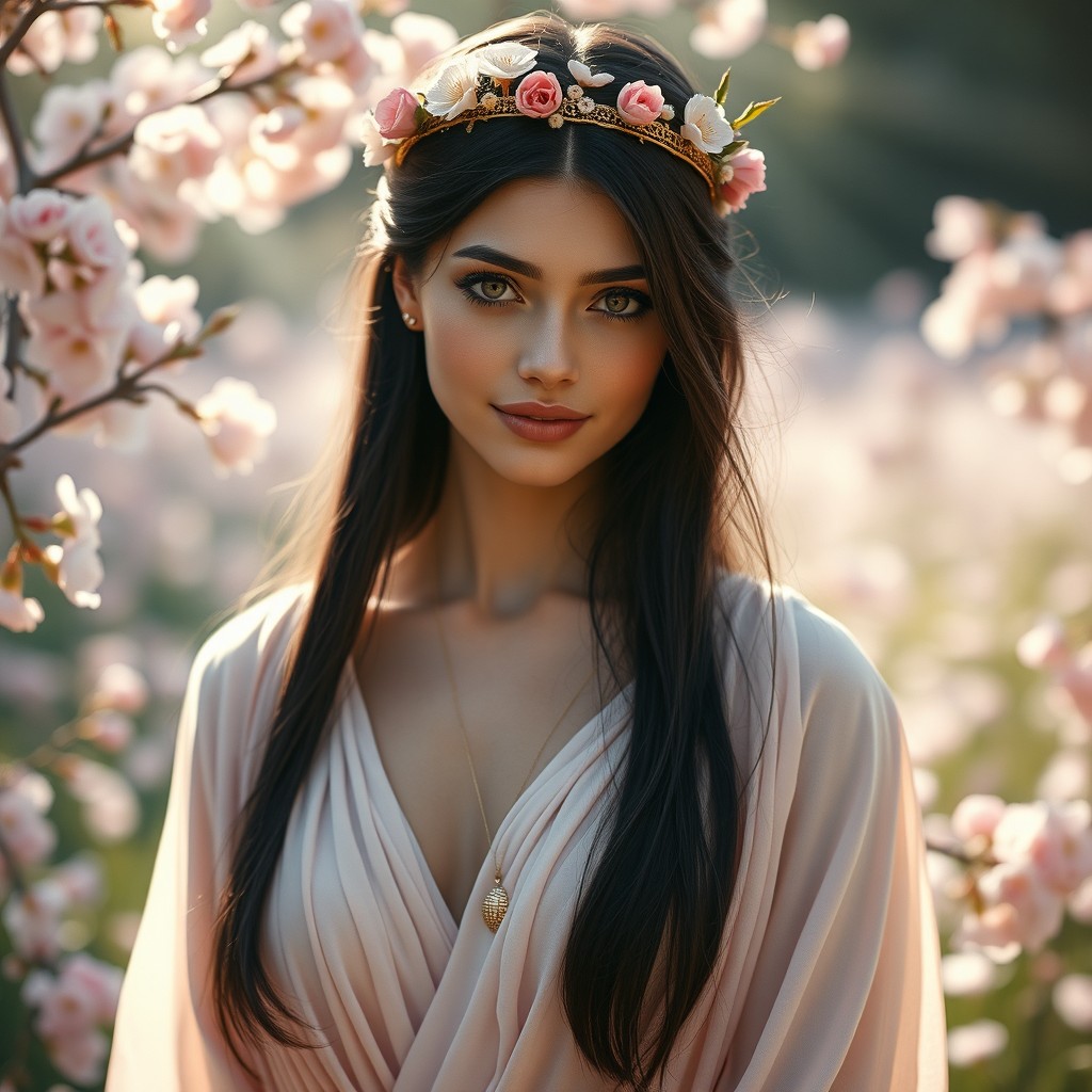 A fantasy portrait of a beautiful woman depicted as Persephone, the goddess of spring