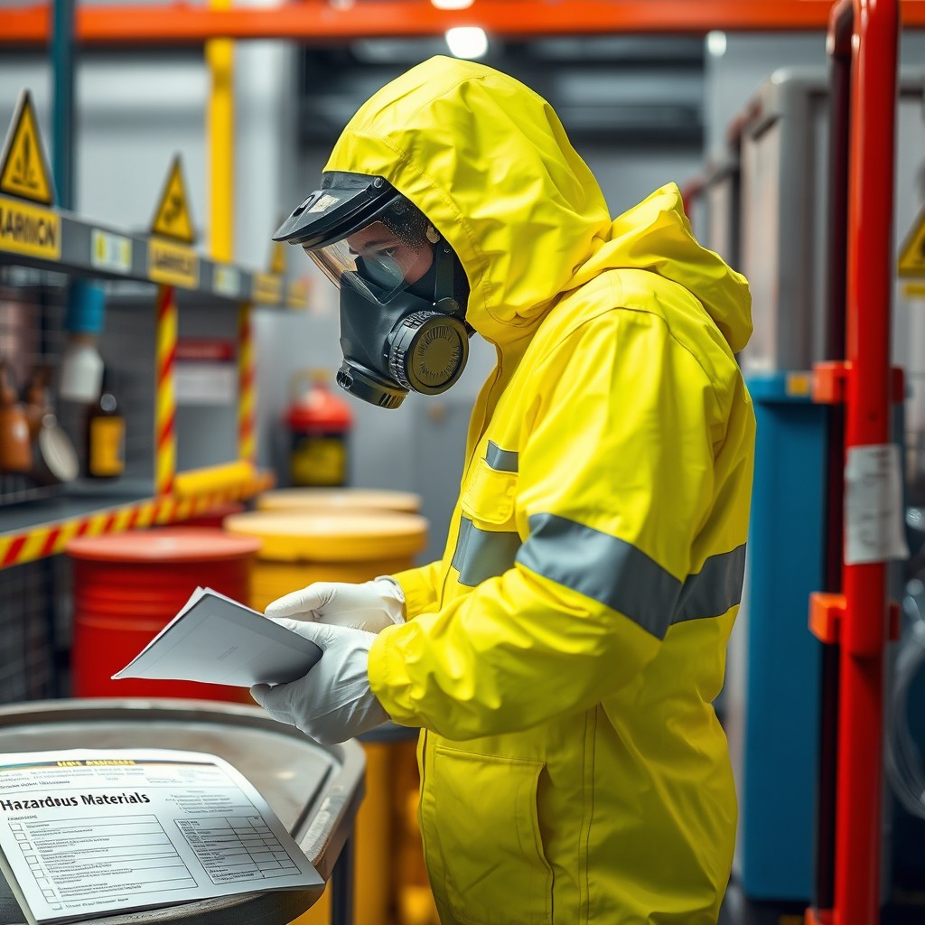 A highly detailed and professional scene of a Hazardous Materials Safety Specialist in action, wearing a full protective suit and gear including a respirator, safety goggles, and gloves