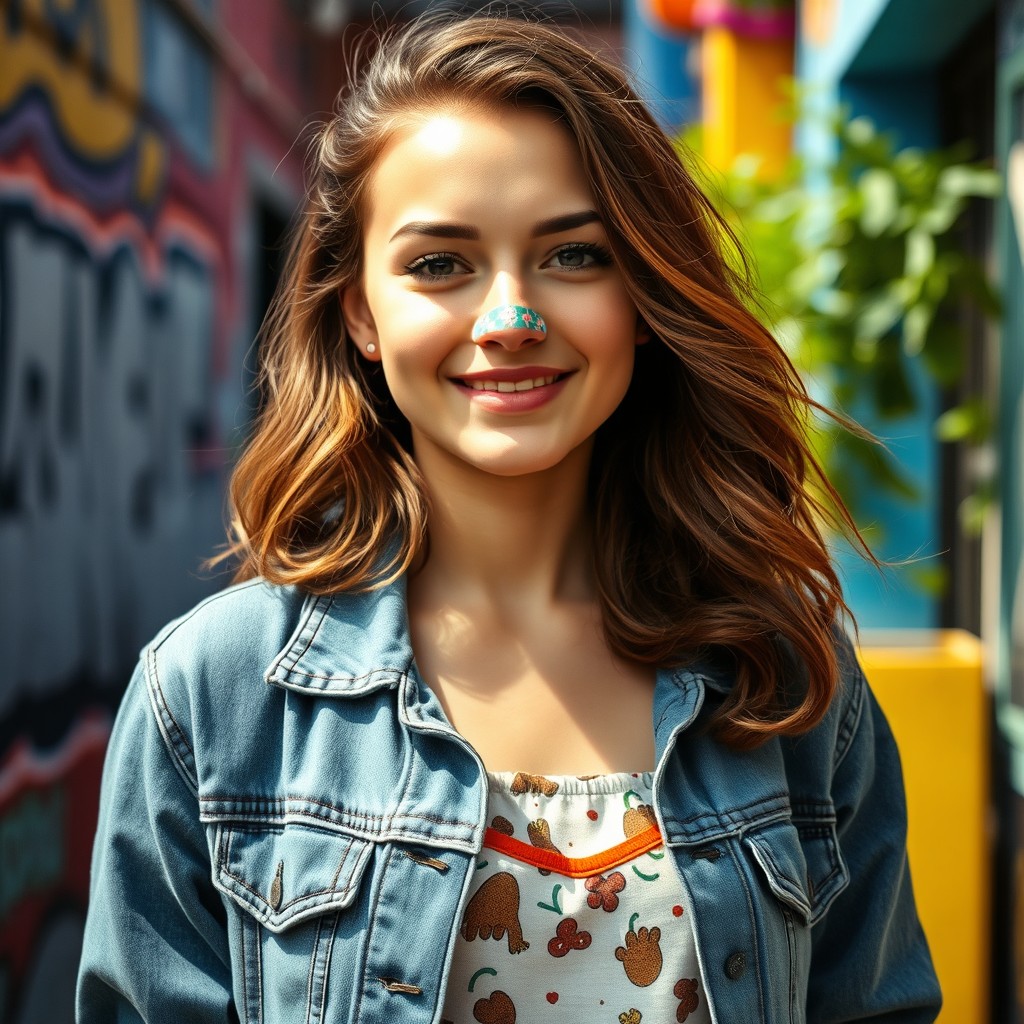 A young woman with a playful expression, her nose covered in stylish decorative tape, standing in a vibrant, colorful urban setting